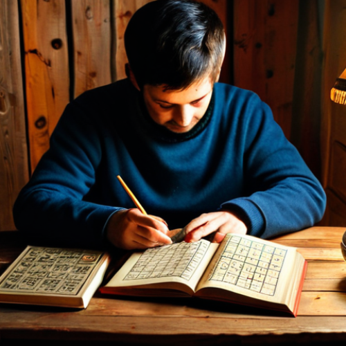 **

"A cozy evening scene. A person is sitting at a wooden table, illuminated by a warm lamp. They are focused on a Sudoku puzzle book, with a cup of tea nearby. The room is decorated in a comfortable, slightly rustic style, perhaps with a samovar in the background. Fully clothed, safe for work, appropriate content, family-friendly, professional photography, perfect anatomy, natural proportions, modest setting."

**