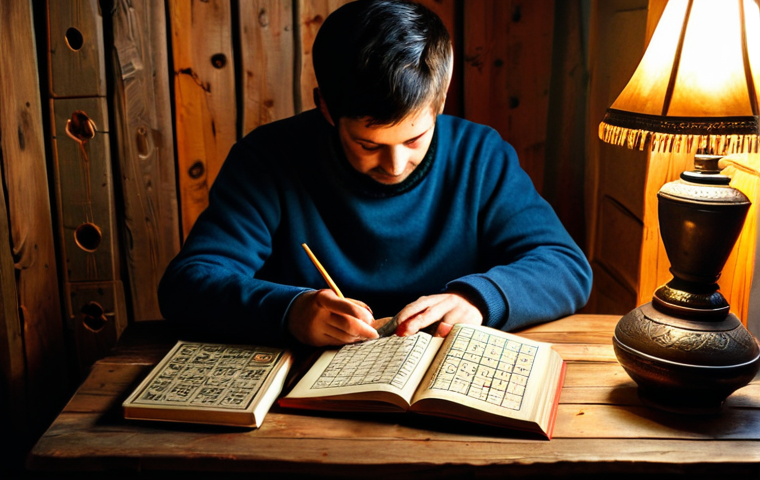 **

"A cozy evening scene. A person is sitting at a wooden table, illuminated by a warm lamp. They are focused on a Sudoku puzzle book, with a cup of tea nearby. The room is decorated in a comfortable, slightly rustic style, perhaps with a samovar in the background. Fully clothed, safe for work, appropriate content, family-friendly, professional photography, perfect anatomy, natural proportions, modest setting."

**